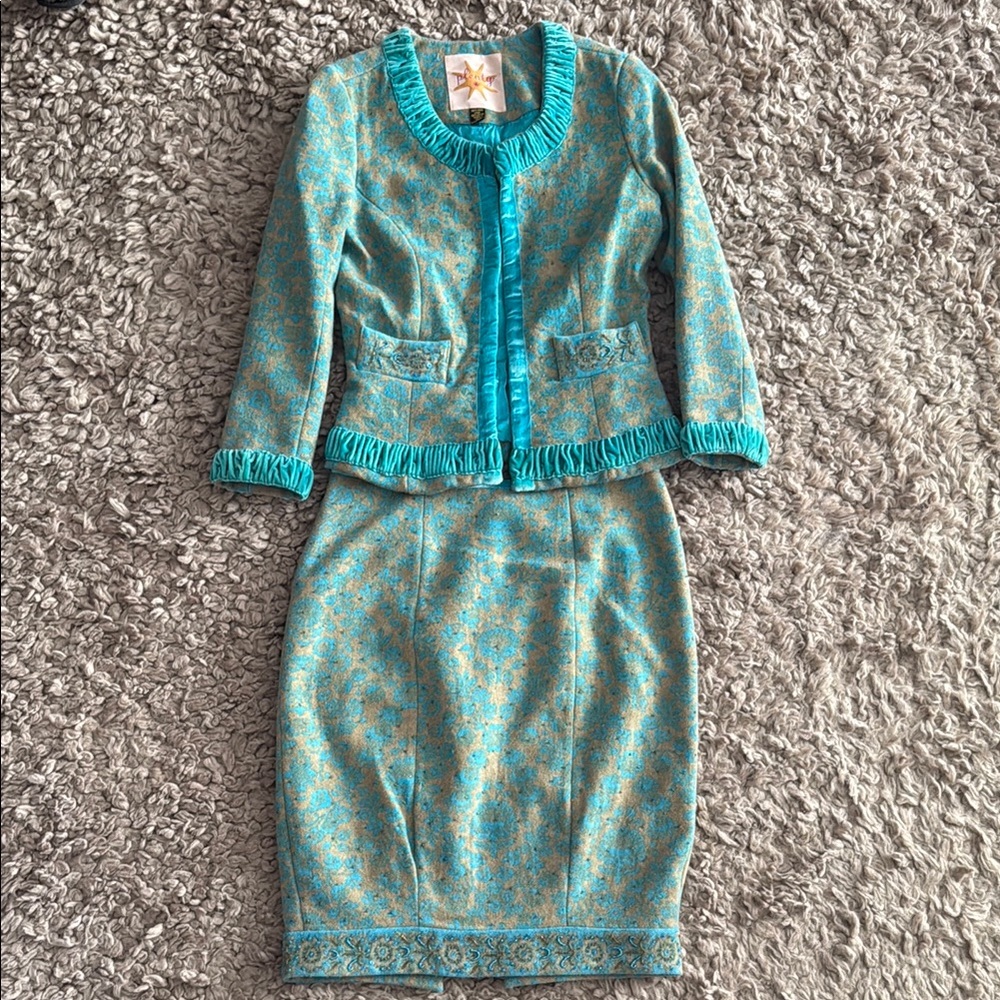 Plenty Elegant Blue and Gold Brocade Skirt Suit With Beading